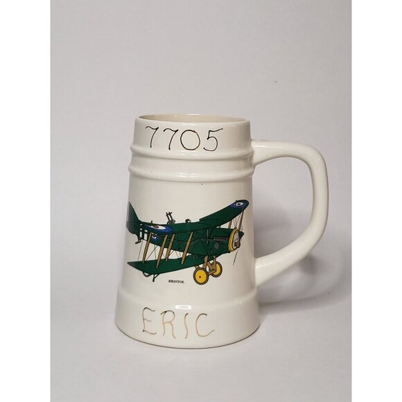 Beer Stein Aviation Mug Biplane Print Gold Lettering Airplane - Picture 1 of 12